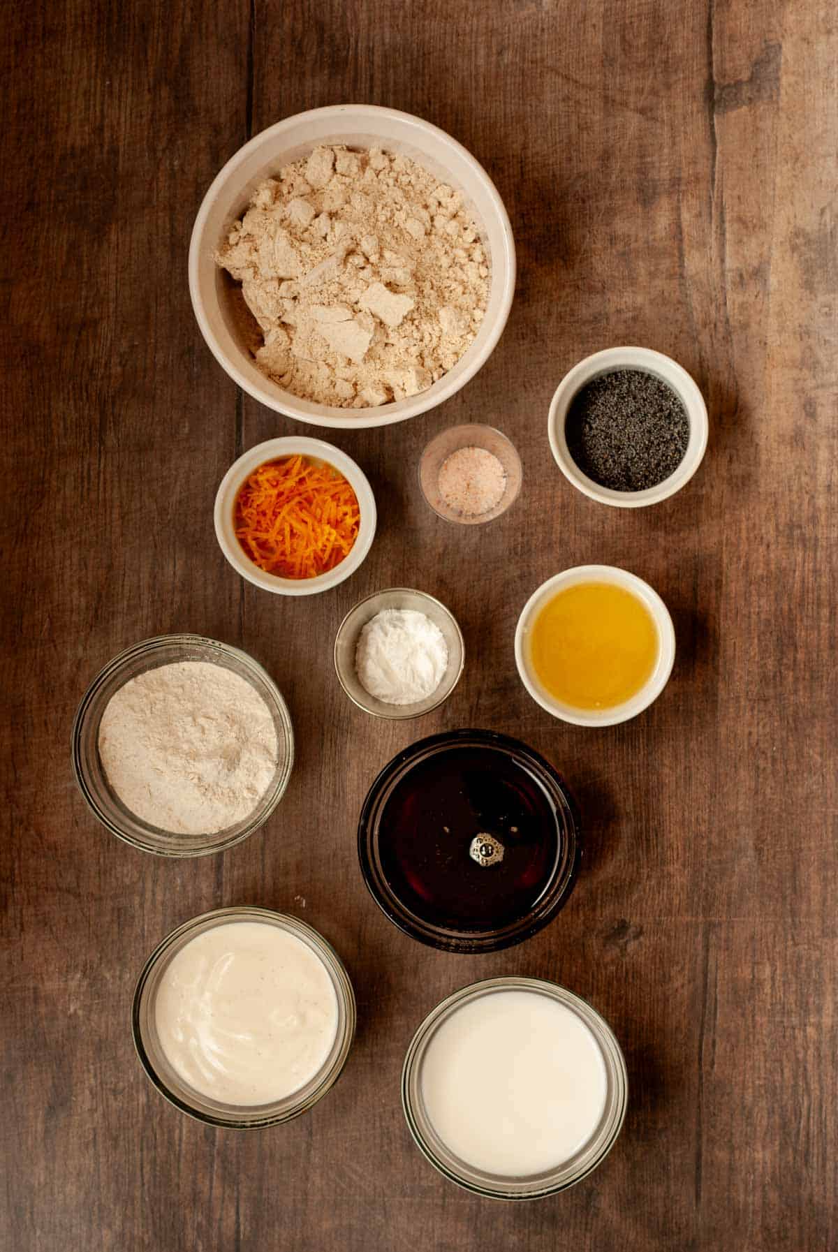 Recipe ingredients all prepped into separate bowls.
