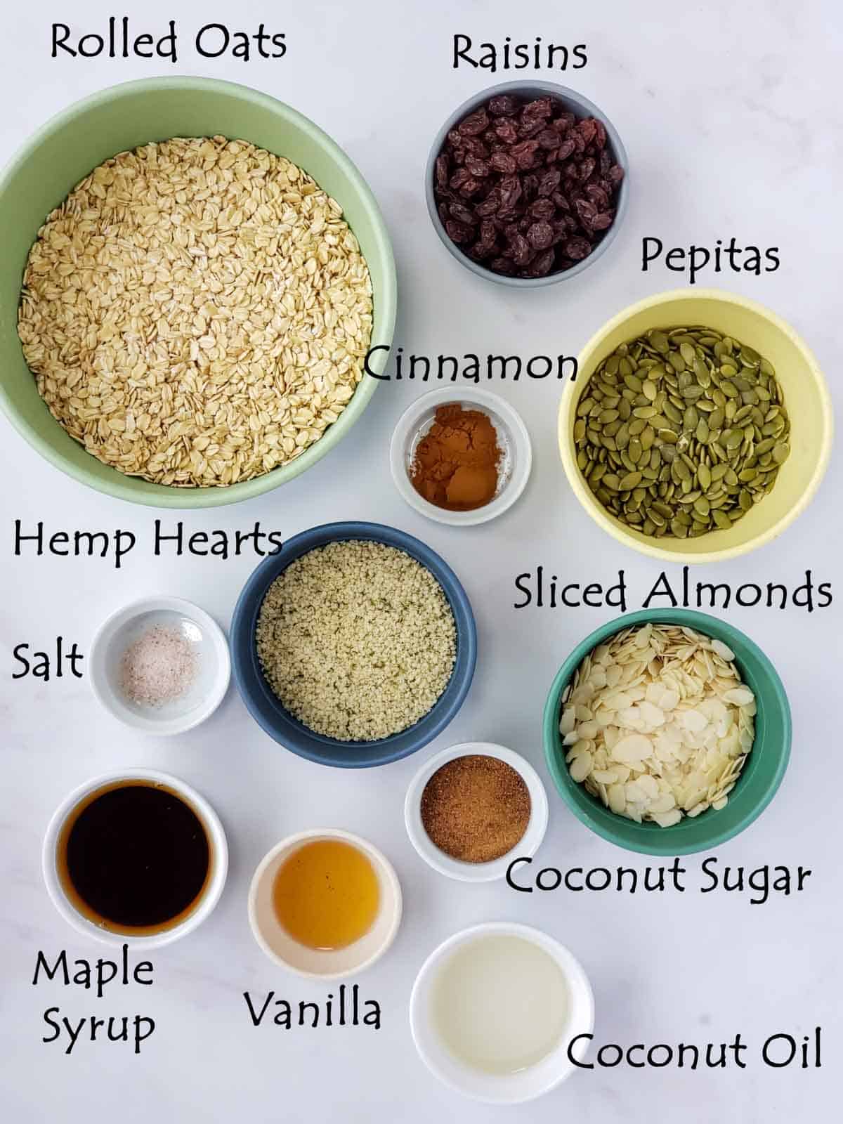 Ingredient flat lay including oats, hemp, cinnamon and vanilla.