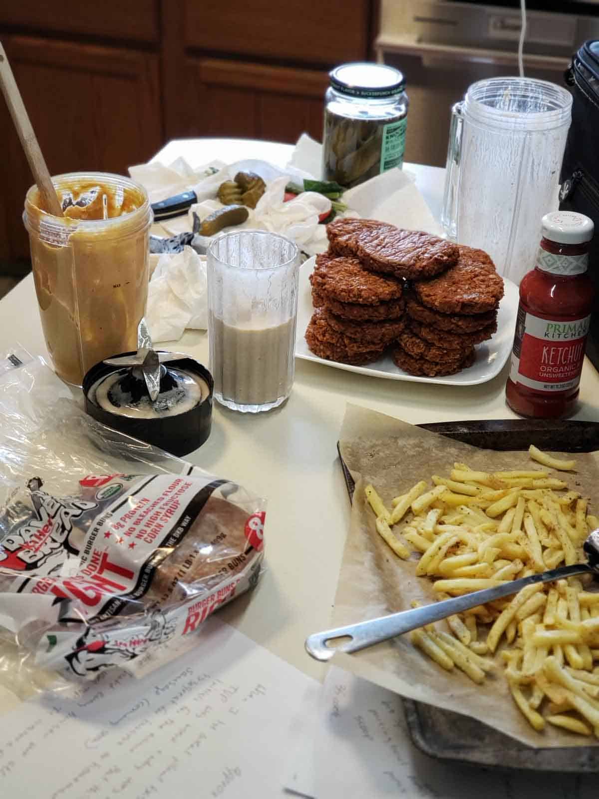 The messy kitchen counter that was the result of creating this recipe and all the sides that went with it.