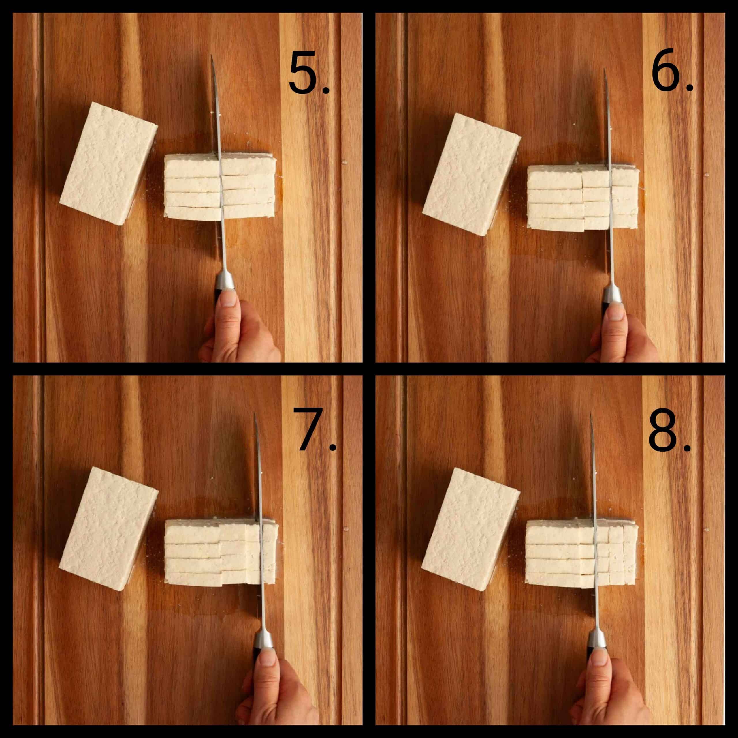 Steps demonstrating how to cut a block of tofu into small cubes for the vegan breakfast hash.