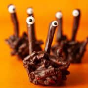 Single chocolate pretzel monster with candy eyes in focus.