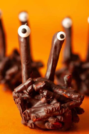 Single chocolate pretzel monster with candy eyes in focus.