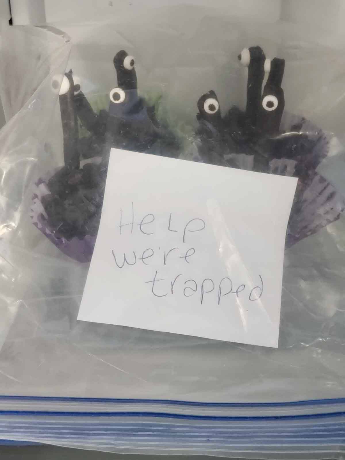 Chocolate pretzel monsters in a freezer bag with a handwritten note that says “Help we’re trapped.”