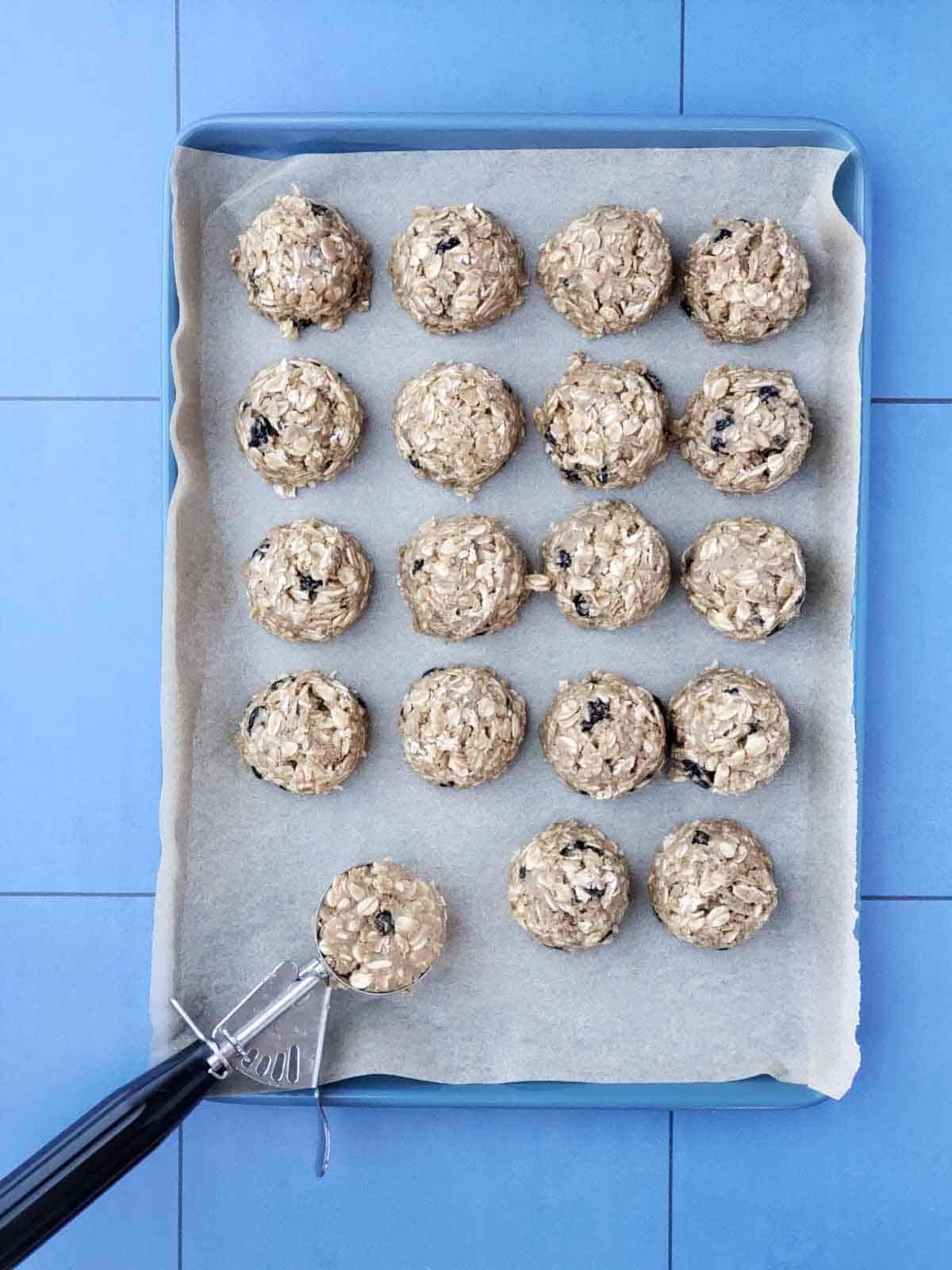 Freshly scooped sunbutter blueberry balls lined up on a parchment-lined baking sheet with a cookie scoop.