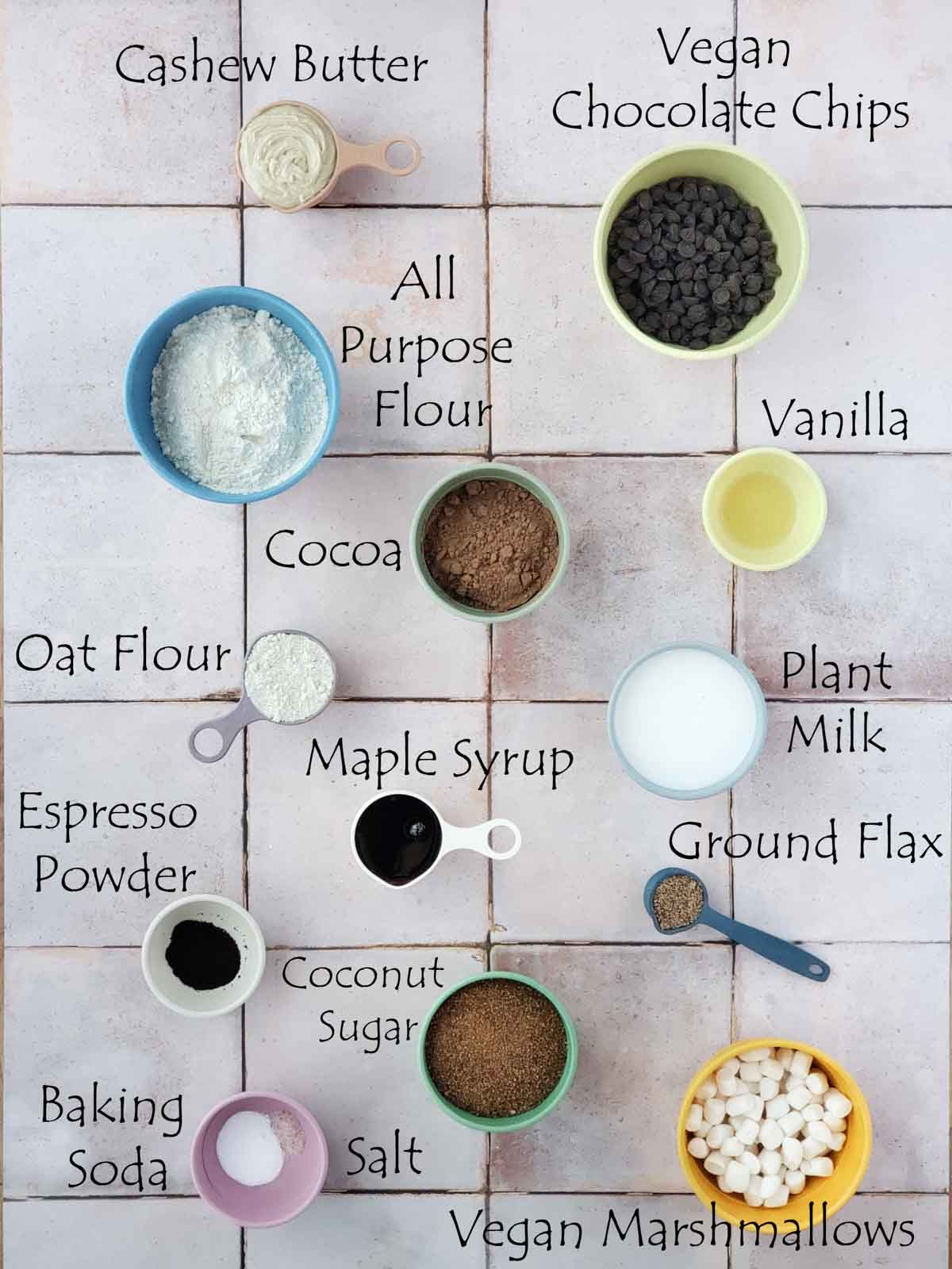 Flat lay of labeled ingredients for fudgy vegan brownie marshmallow cookies.