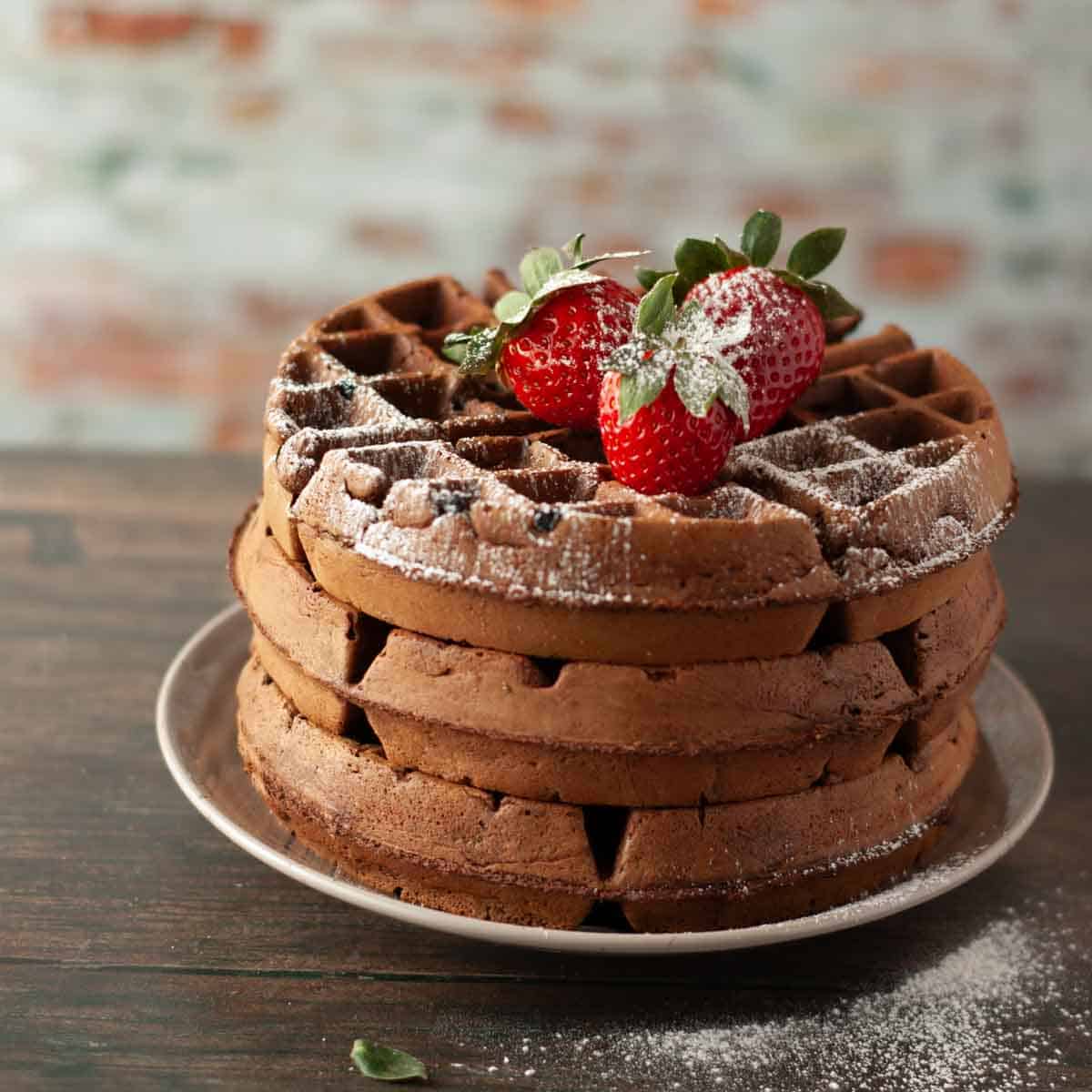 Hand sprinkling powdered sugar over a stack of chocolate waffles on a plate with strawberries.