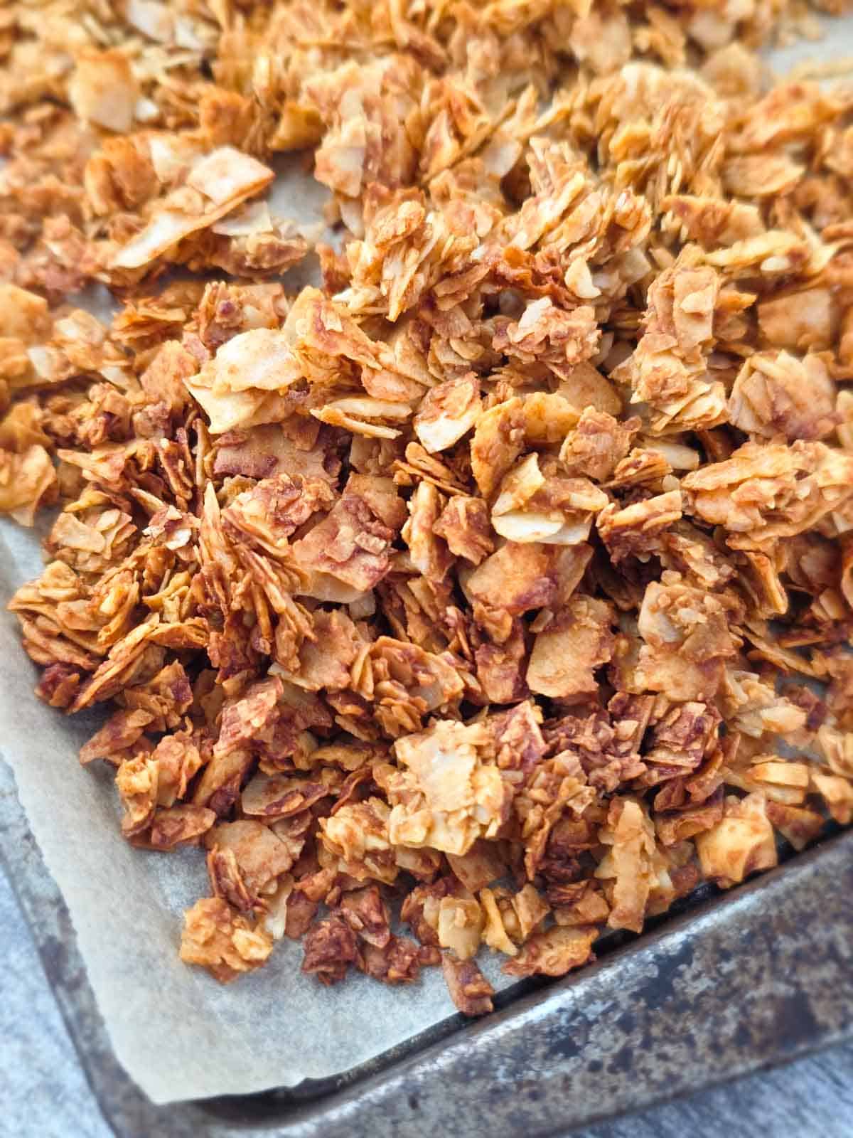 Close-up of coconut flakes coated in marinade showing flaky texture.