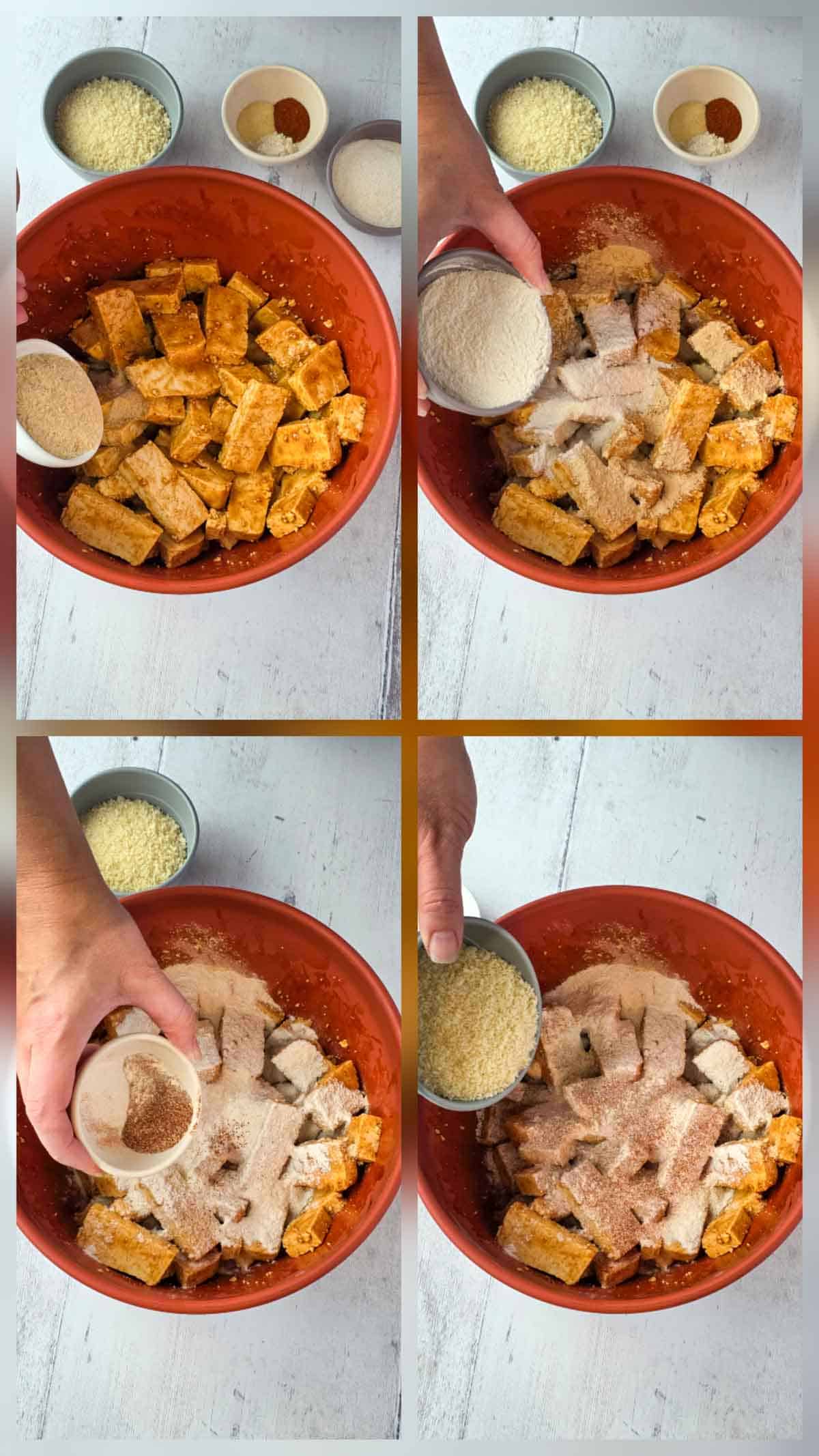 A collage showing the steps of adding individual dry ingredients and seasonings to a large red mixing bowl.