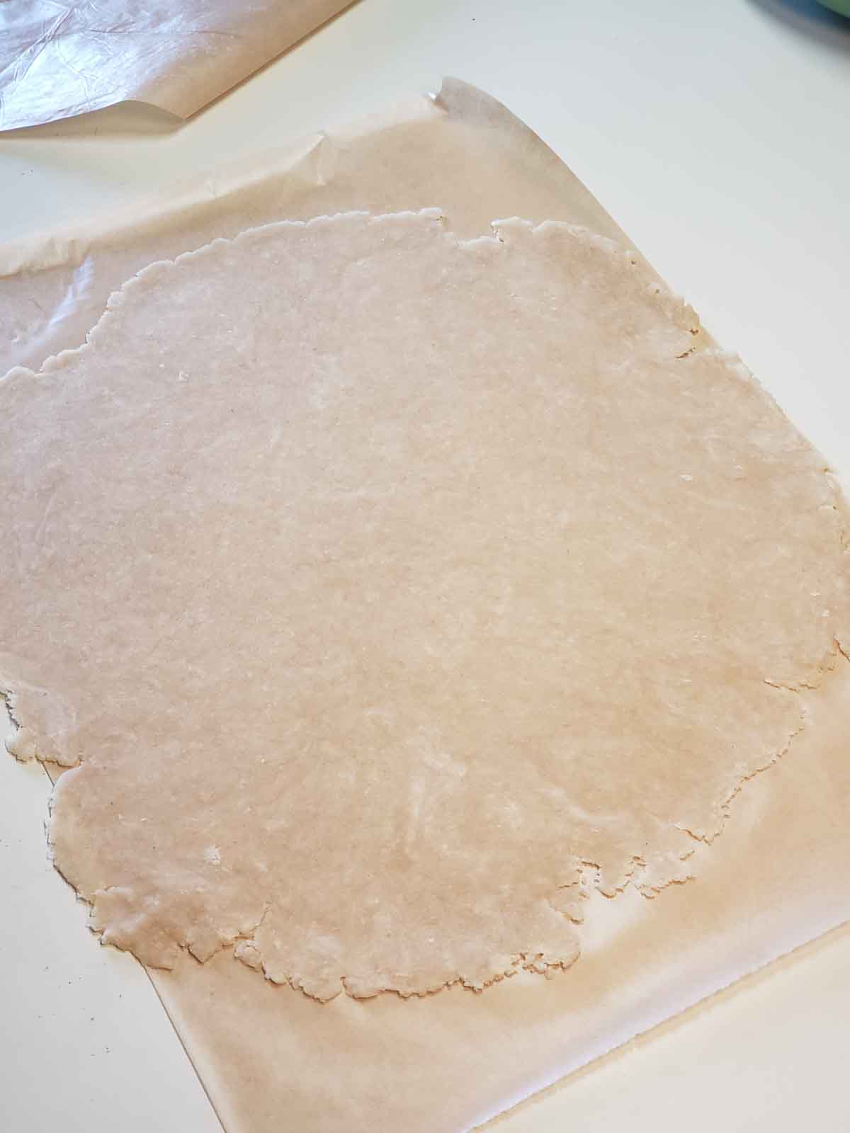 The rolled out crust on wax paper.