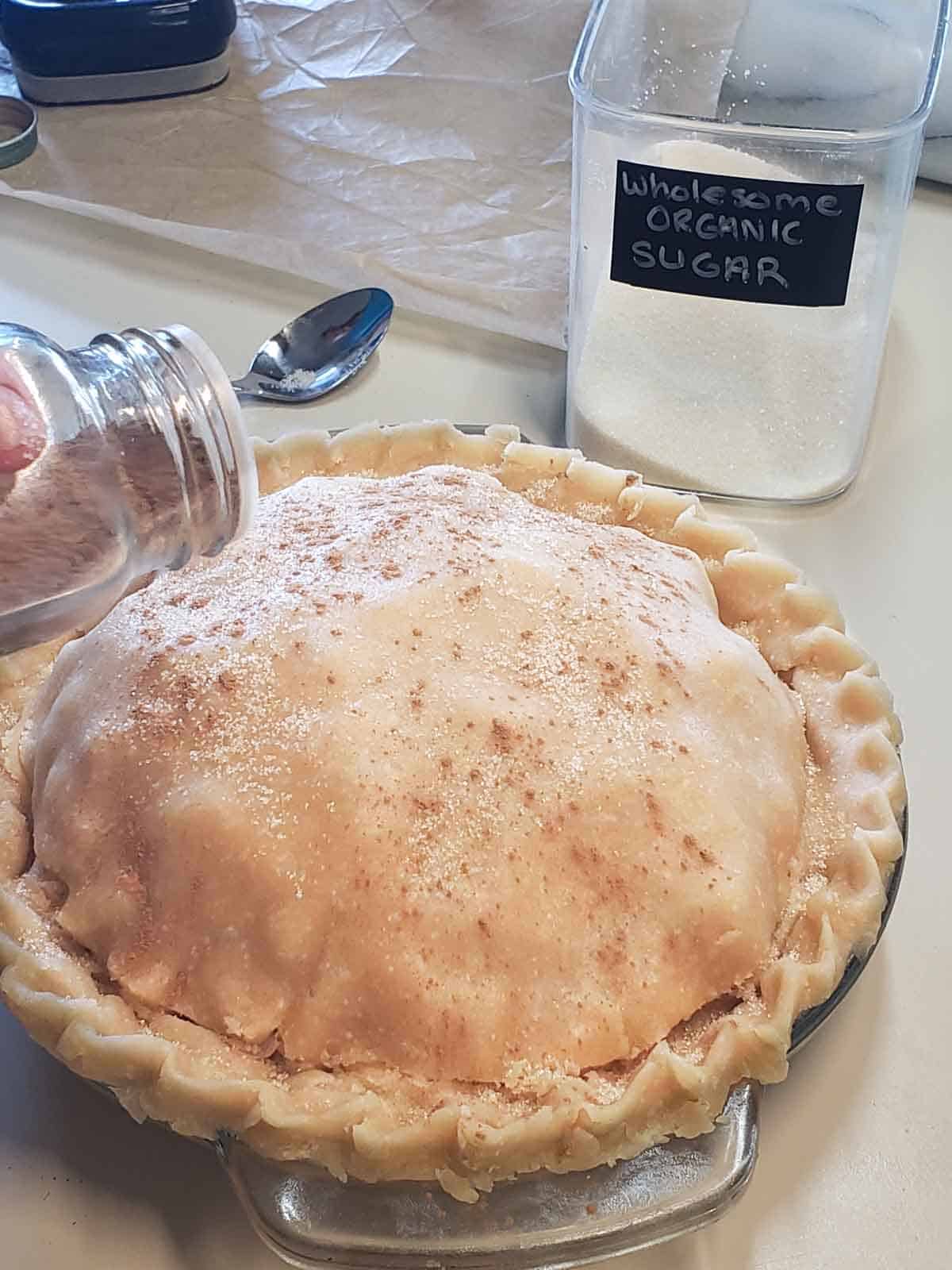 Sprinkling cinnamon over the top of the pie.
