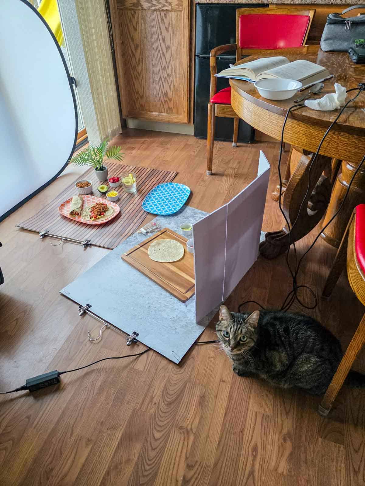 Tortilla with ranch and avocado on a cutting board with ingredients nearby and a cat peeking from the background.