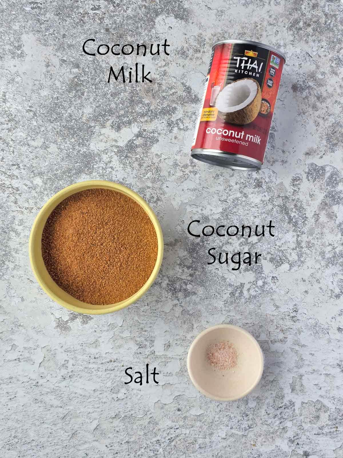 Labeled ingredient flat lay of coconut sugar, coconut milk, and salt on a marbled surface.