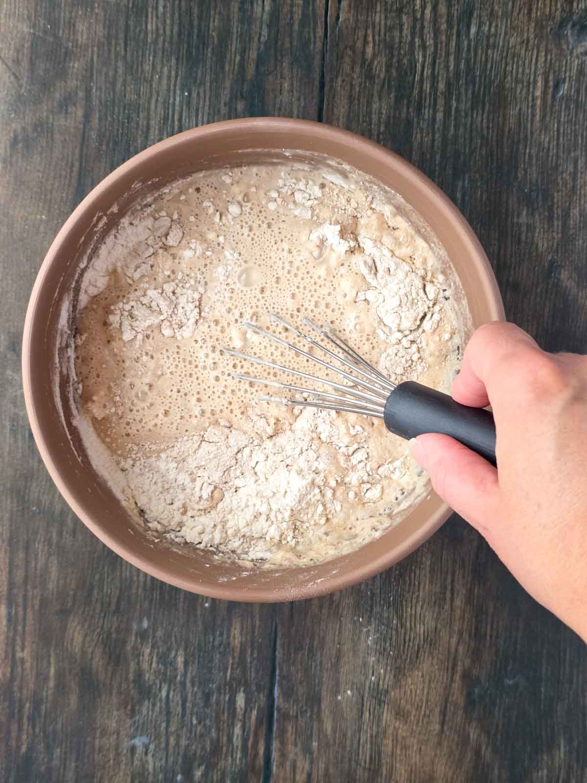 Mixing pancake batter by hand with a whisk.