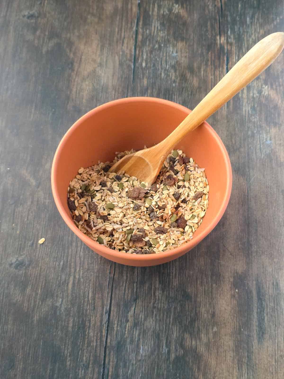 Dry ingredients mixed together in a large bowl before adding the wet ingredients.