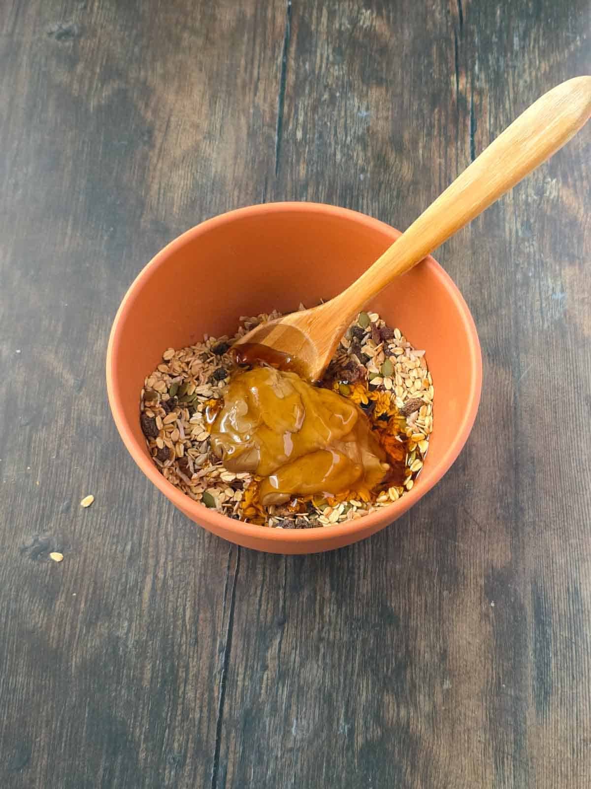 SunButter, maple syrup and brown rice syrup added to the dry ingredients.