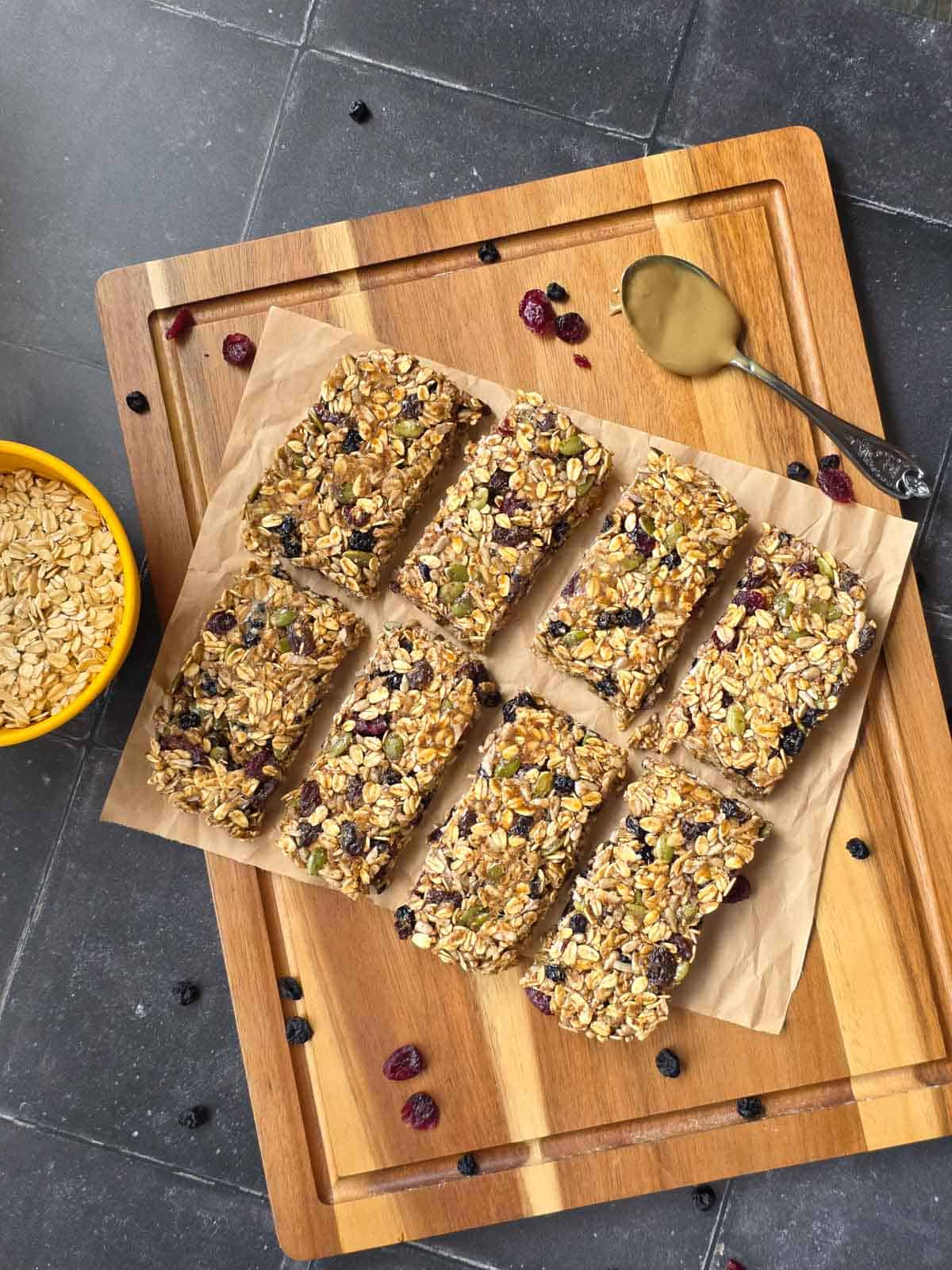 Homemade triple berry granola bars made with oats, dried berries and pumpkin seeds.
